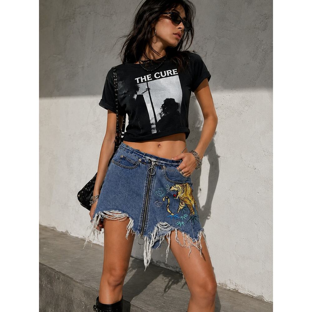 MARCELO BURLON Tiger Embroidered Denim Mini Skirt Y2K Size 4